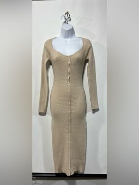 CRESCENT Tan Ribbed‎ Button-Front Midi Dress Womens Size Medium New With Tags